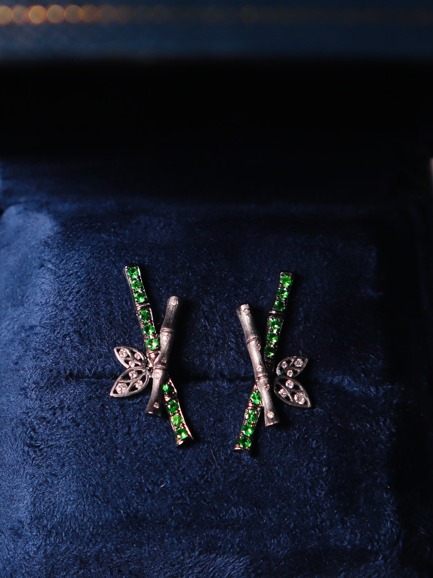 "Bamboo Fairy" 18K Black Gold Tsavorite Bamboo Earrings