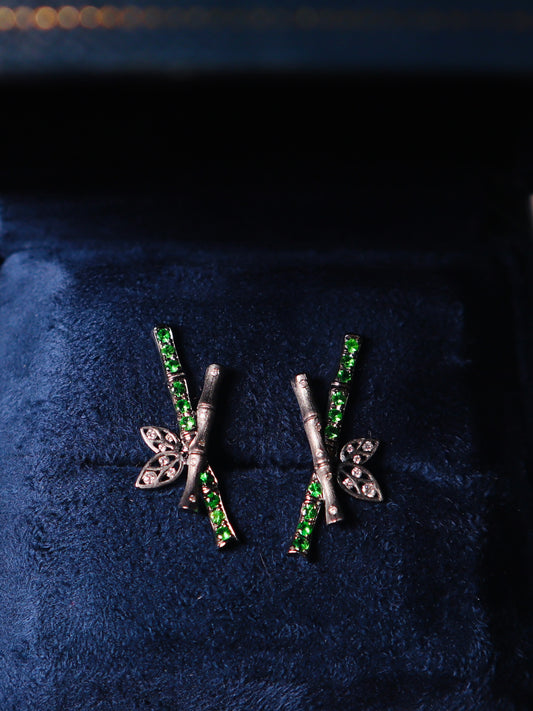 "Bamboo Fairy" 18K Black Gold Tsavorite Bamboo Earrings