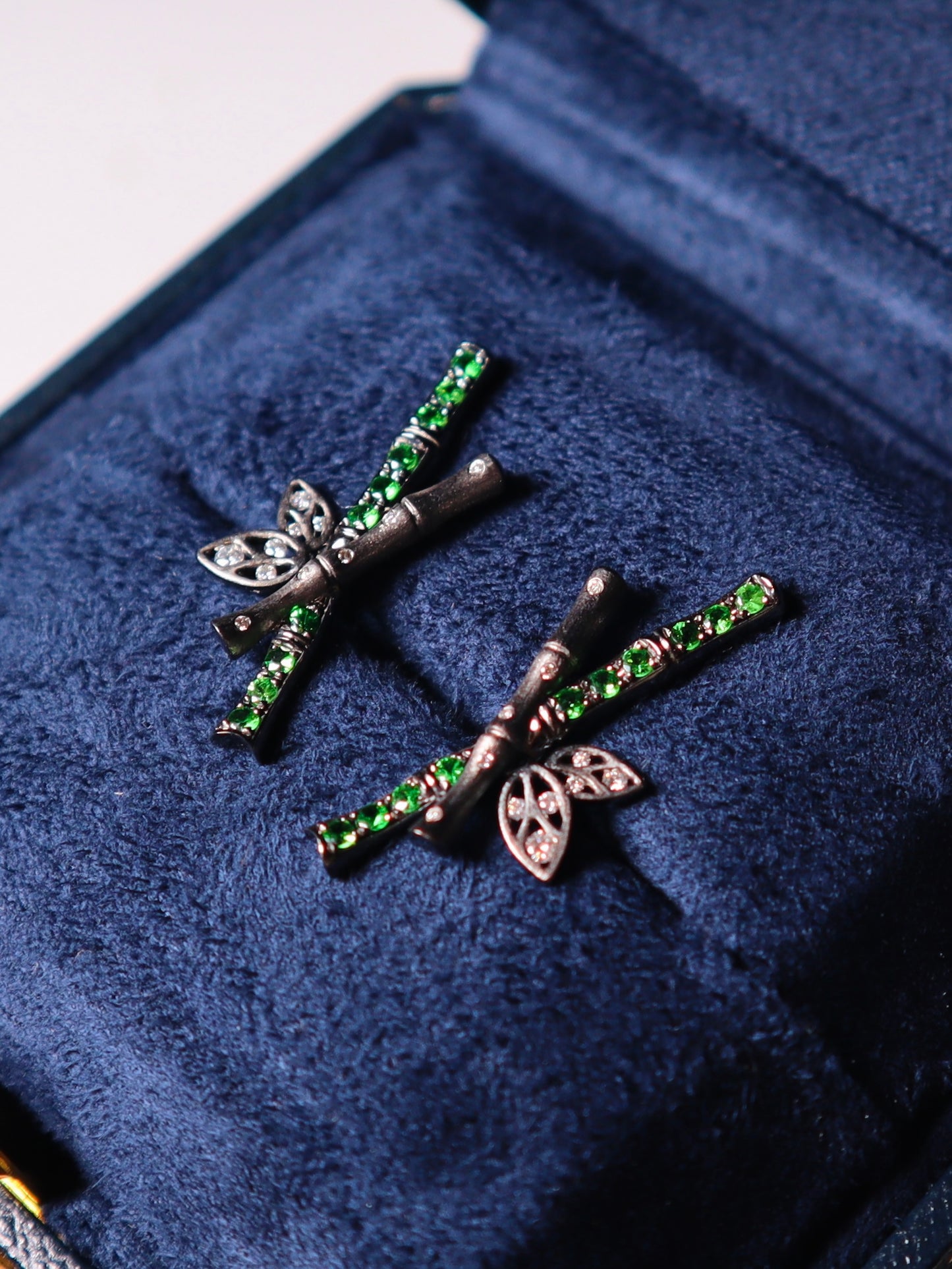 "Bamboo Fairy" 18K Black Gold Tsavorite Bamboo Earrings