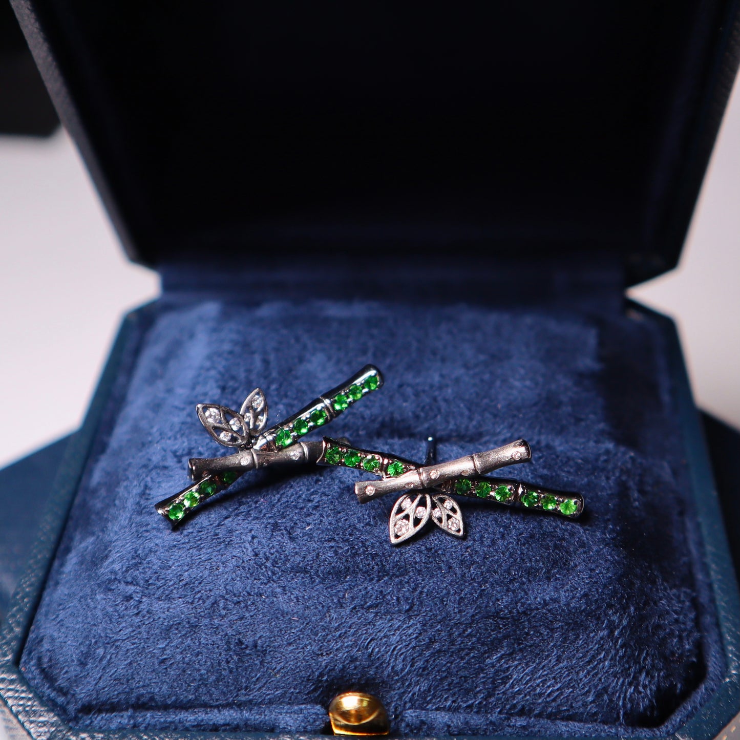 "Bamboo Fairy" 18K Black Gold Tsavorite Bamboo Earrings