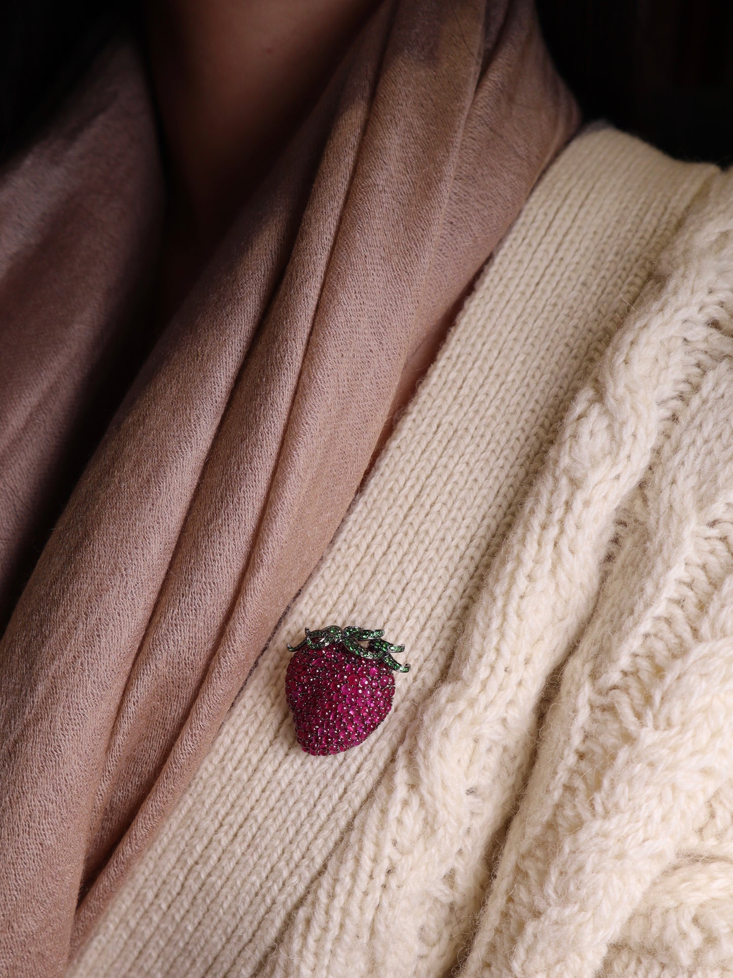 18K Black Gold Ruby Brooch Strawberry Brooch