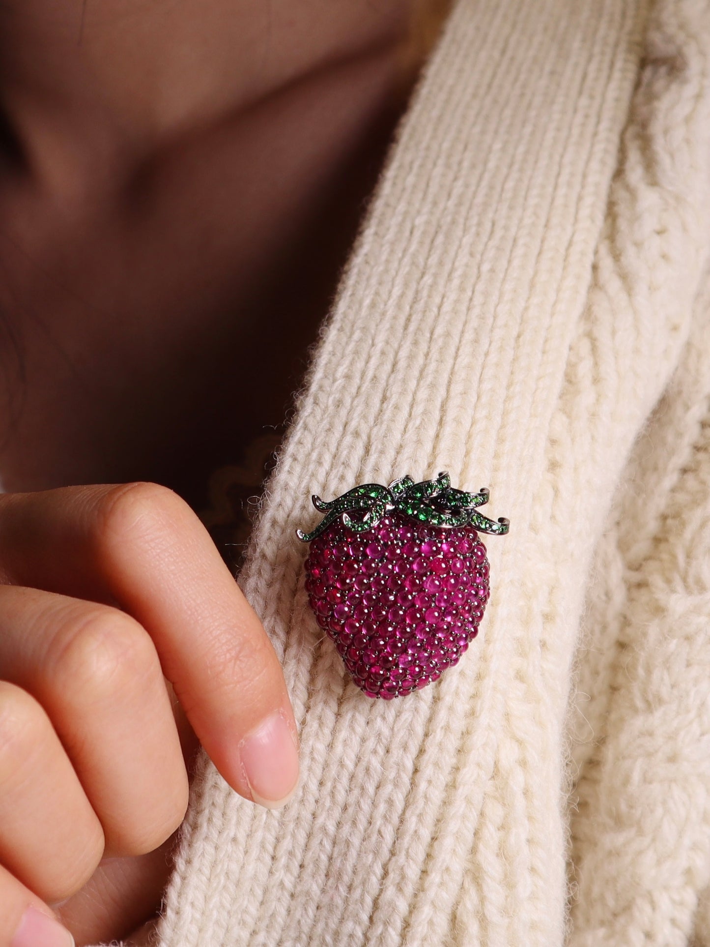 18K Black Gold Ruby Brooch Strawberry Brooch