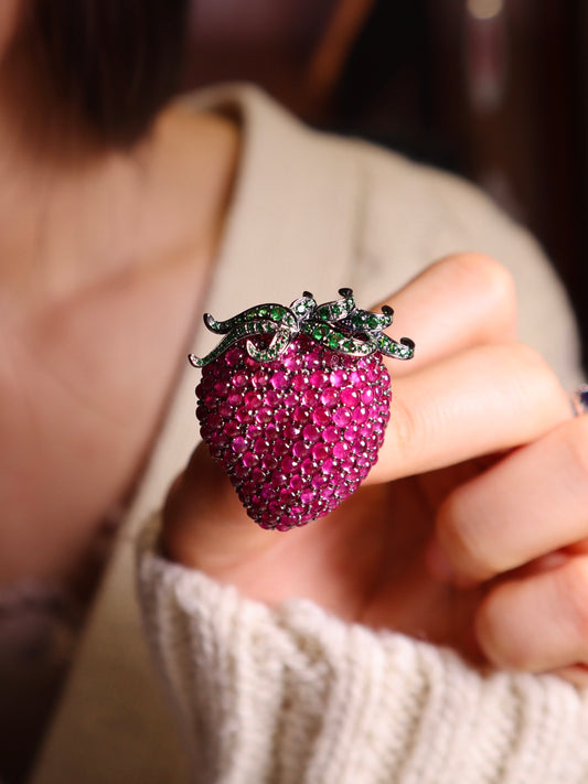 18K Black Gold Ruby Brooch Strawberry Brooch