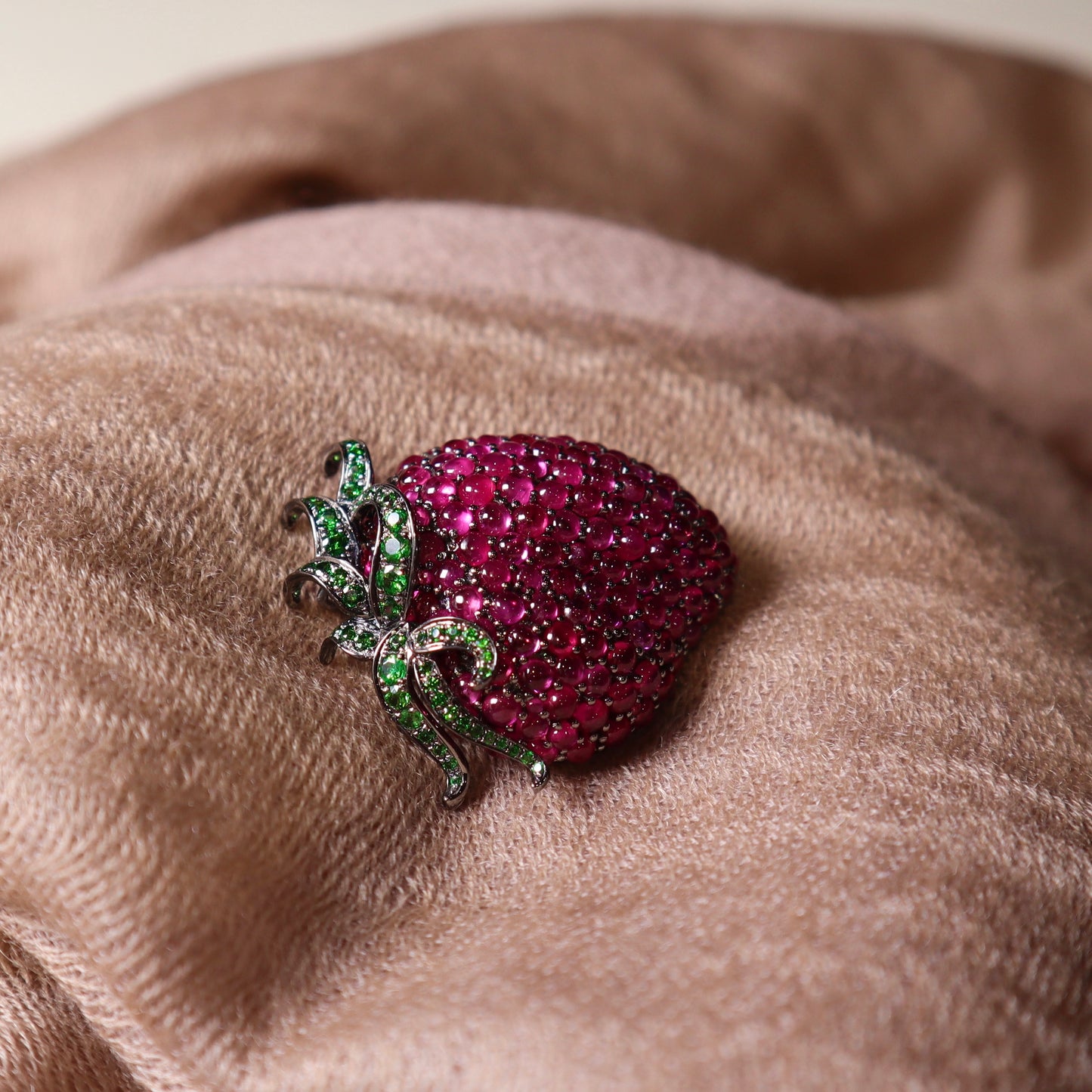 18K Black Gold Ruby Brooch Strawberry Brooch