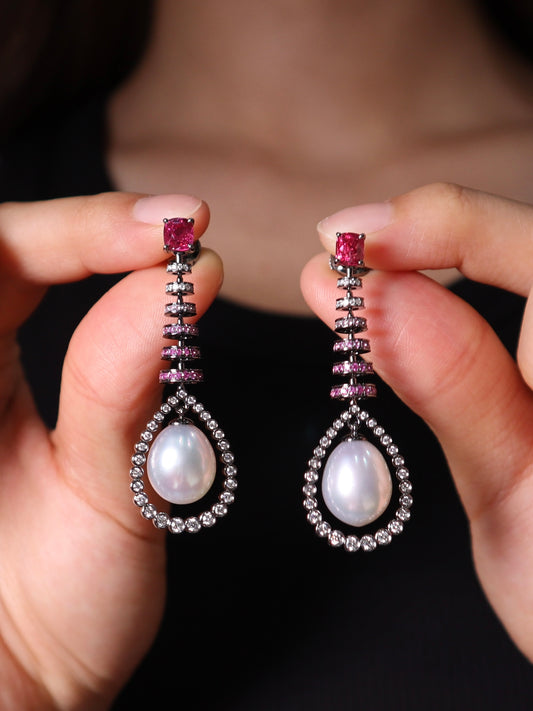 18K black gold Pearl Earrings set with Hot Pink Spinels