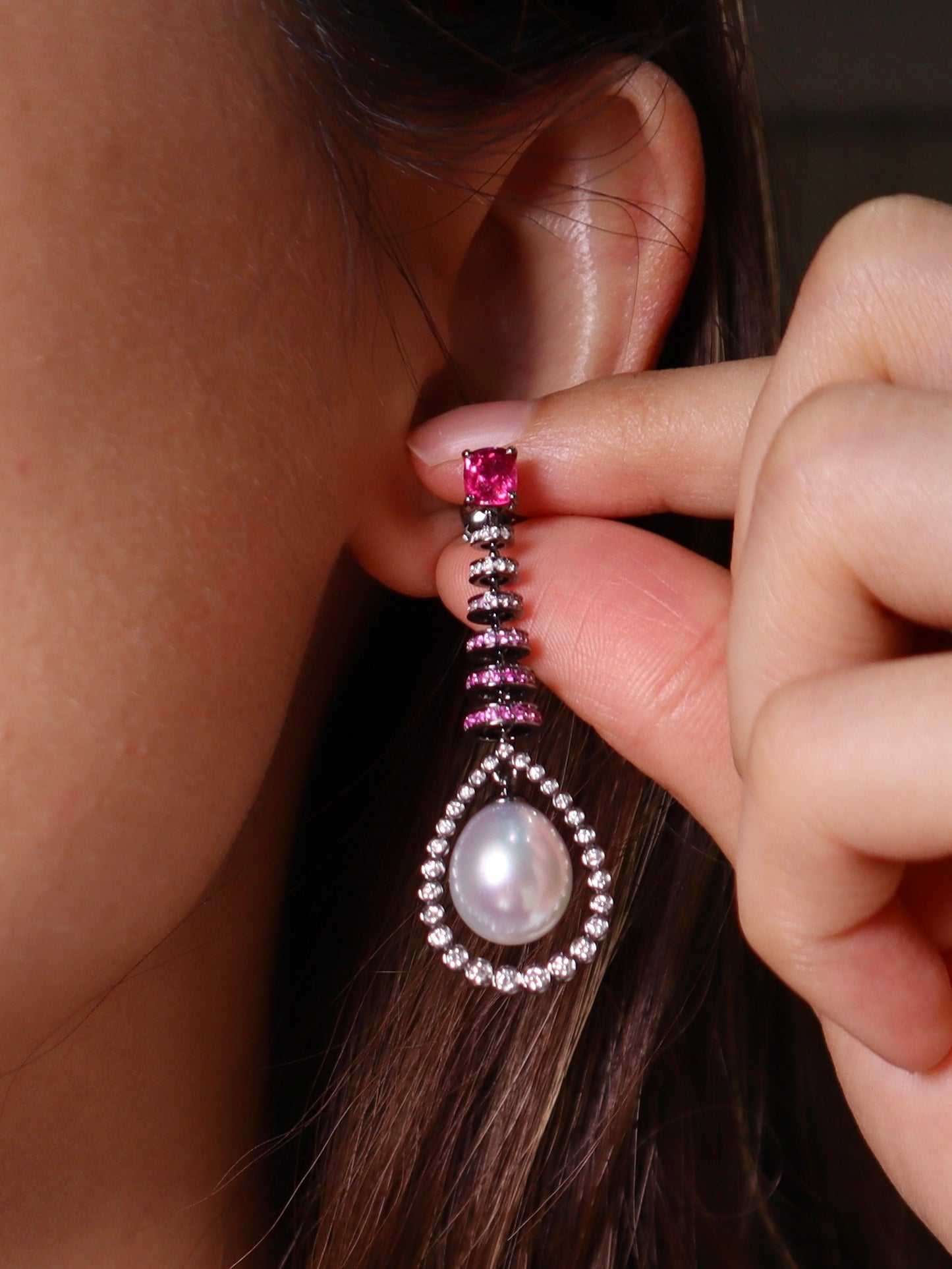 18K black gold Pearl Earrings set with Hot Pink Spinels